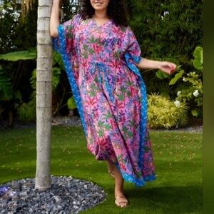 Printfresh Lime Ricki Big Cat Family Caftan One Size 100% Cotton Maxi Dress Boho